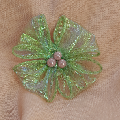 Glow in Green – Handmade Iridescent Tulle Hair Pin Garnished with Rhinestone Gems
