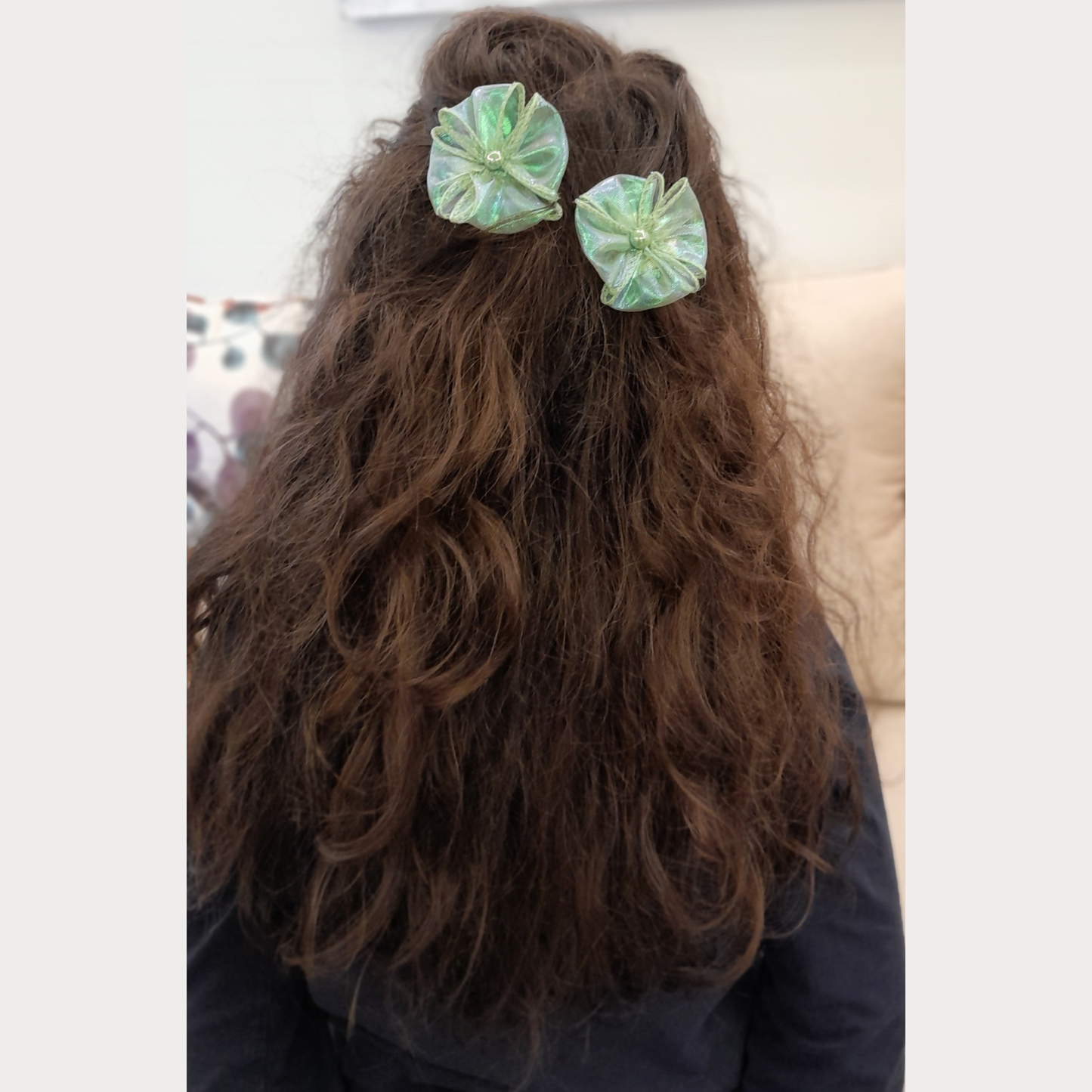 Glow in Green – Handmade Iridescent Tulle Hair Pin Garnished with Rhinestone Gems