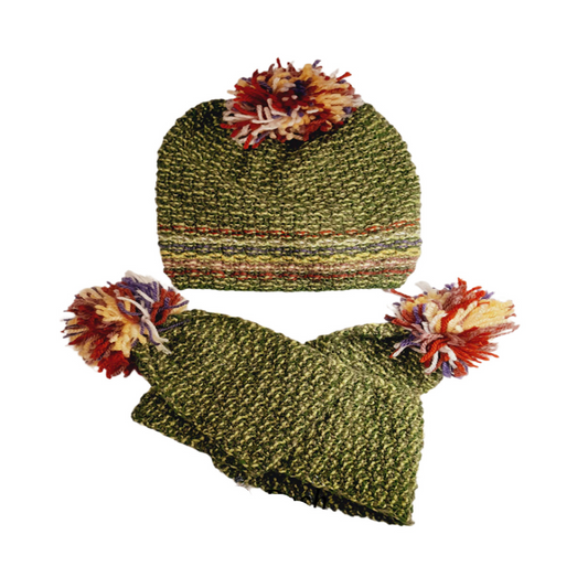 Kids’ Green & Multicolor Wool Scarf and Beanie Set – Handcrafted Cozy Winter Accessories