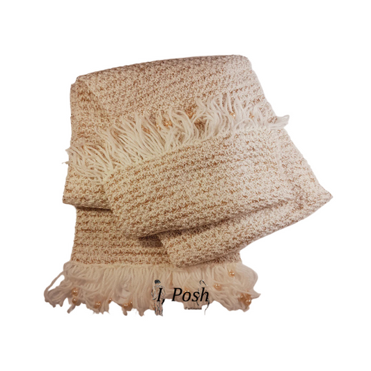 Elegant Off-White Wool Scarf with Golden Thread & Faux Pearl Accents – Luxurious Winter Accessory for Women