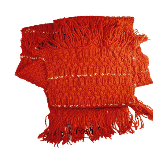 Ladies’ Handcrafted Red Wool Scarf with Golden Thread & Black Beads – Elegant Winter Accessory