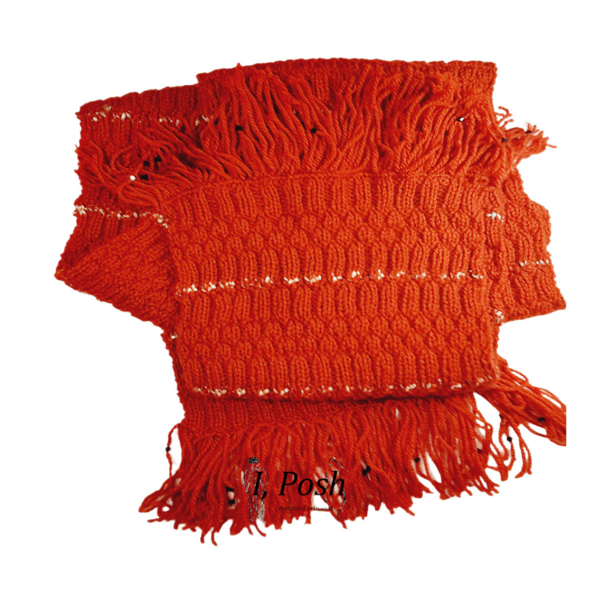 Ladies’ Handcrafted Red Wool Scarf with Golden Thread & Black Beads – Elegant Winter Accessory