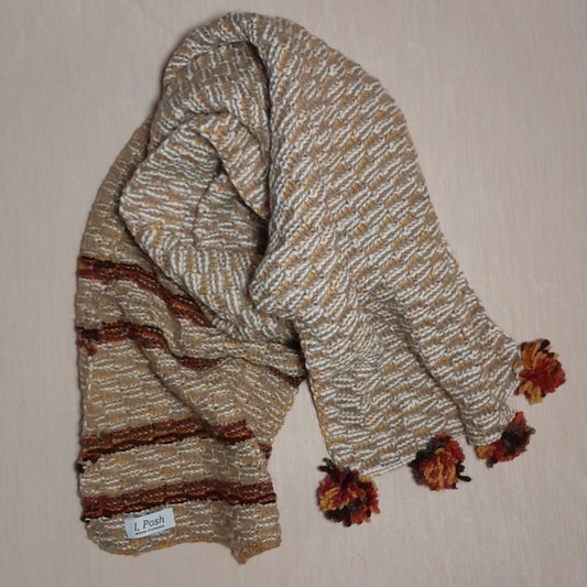 Earth-Toned Wool Scarf for Women – Asymmetrical Grace with a Pom Pom Caress and Radiant Brown Rays