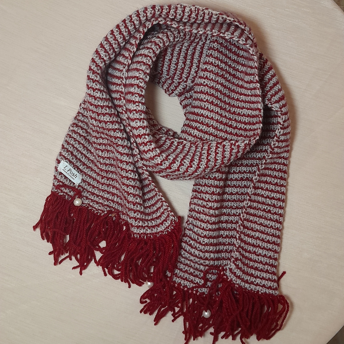 Handmade Red & Light Grey Wool Scarf with Pearl-Garnished Tassels – Elegant Women’s Winter Accessory