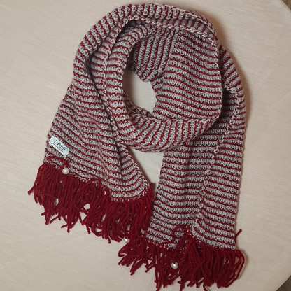 Handmade Red & Light Grey Wool Scarf with Pearl-Garnished Tassels – Elegant Women’s Winter Accessory