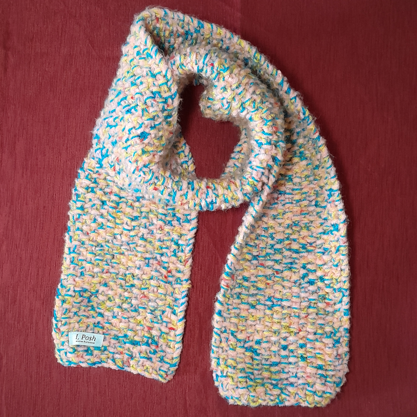 Handmade Colorful Popsicle Wool Scarf for Little Girls – Pink, Blue & Yellow with Red Sparkle Accents