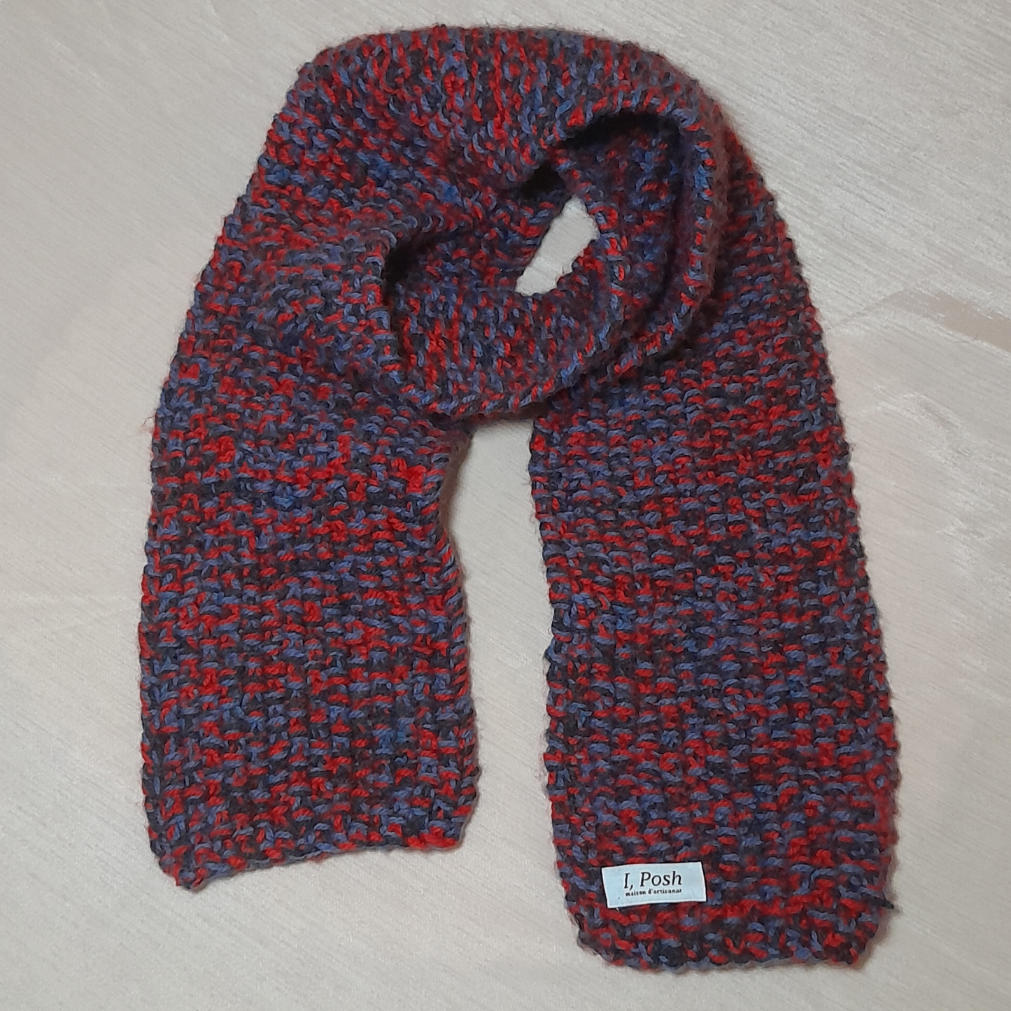 Handmade Wool Scarf for Boys – Red, Blue & Grey Superhero-Inspired Winter Scarf