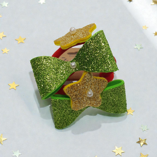 Festive Hair Tie Set for Girls – Red Elastics with Glitter Stars & Christmas Green Bows
